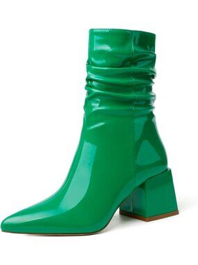 Women's Green Ankle Boot Chunky Block Heel Mid-Calf Booties Slouchy Ruched